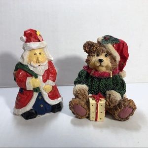 Christmas Santa and Bear in Hat with Present Tabletop Figurines